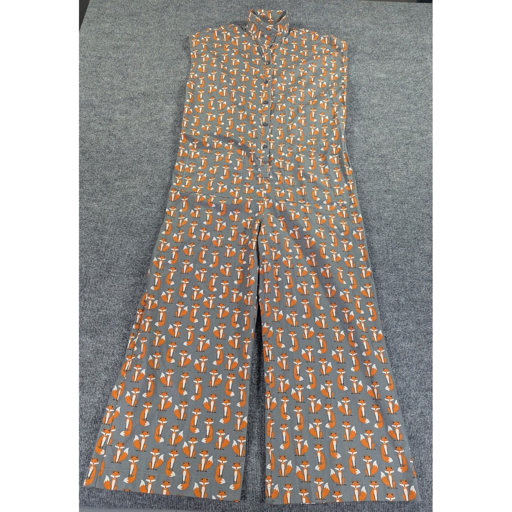 SBJ Austin Fox Print Jumpsuit Womens 2 Grey Orange Cotton Wide Leg Sleeveless